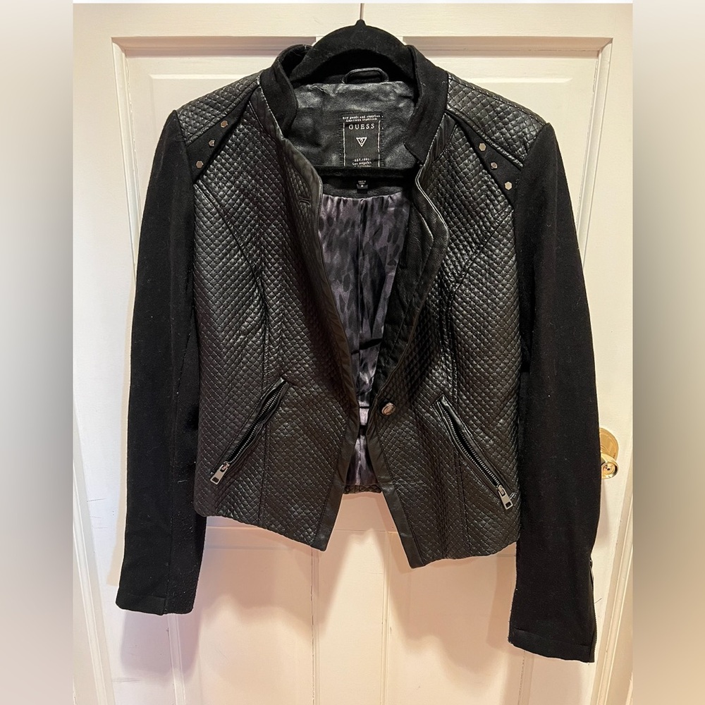 GUESS Women's Black Quilted Leather Moto Jacket - Size M